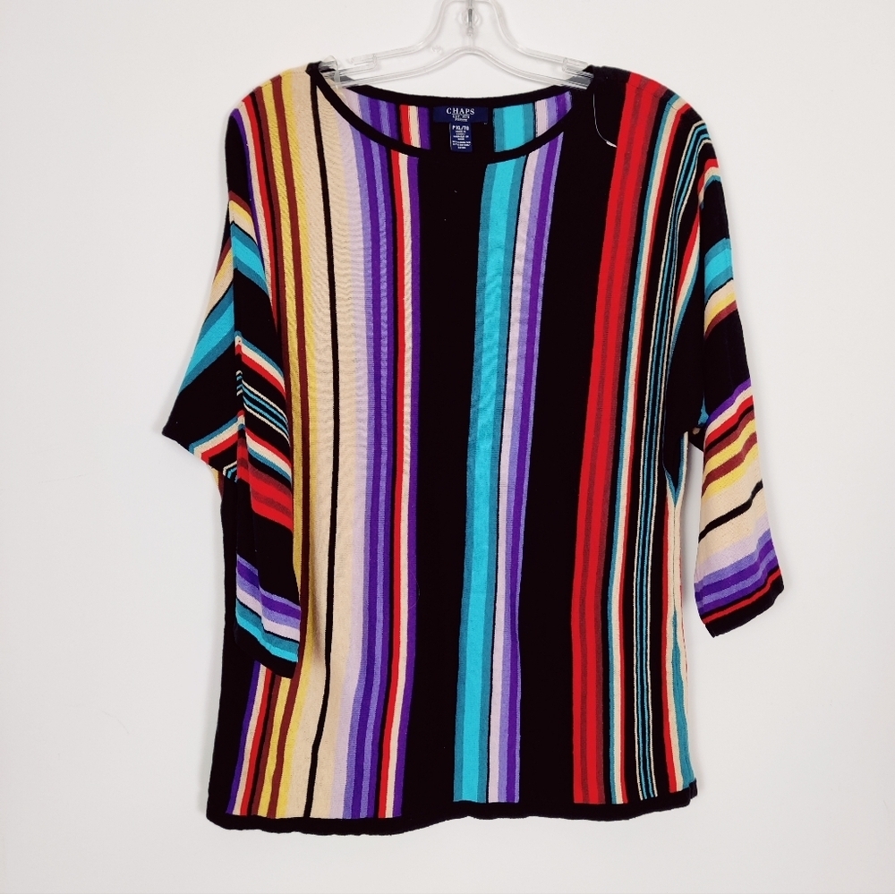 Chaps Women's Multi-Color Striped 3/4 Sleeve Top, Size XL Linen Cotton Beach